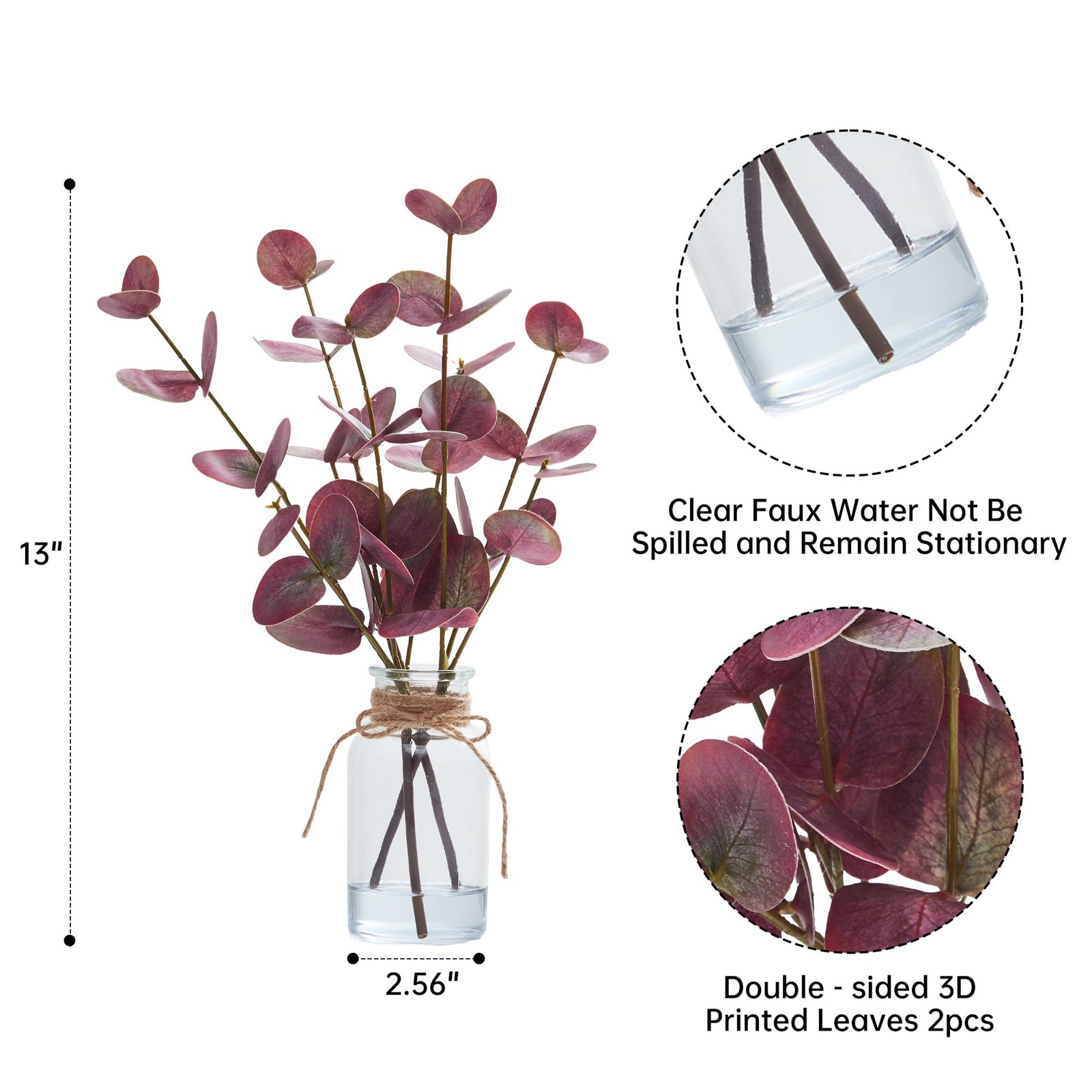 2Pcs Artificial Eucalyptus Stems in Vase with Faux Water, 13” Faux Eucalyptu…