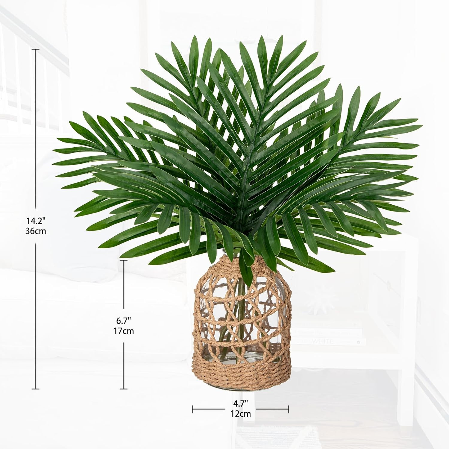 Fake Plants 14.2″ Faux Palm Plant in Glass Vase, Realistic Tropical Fake Palm Ho