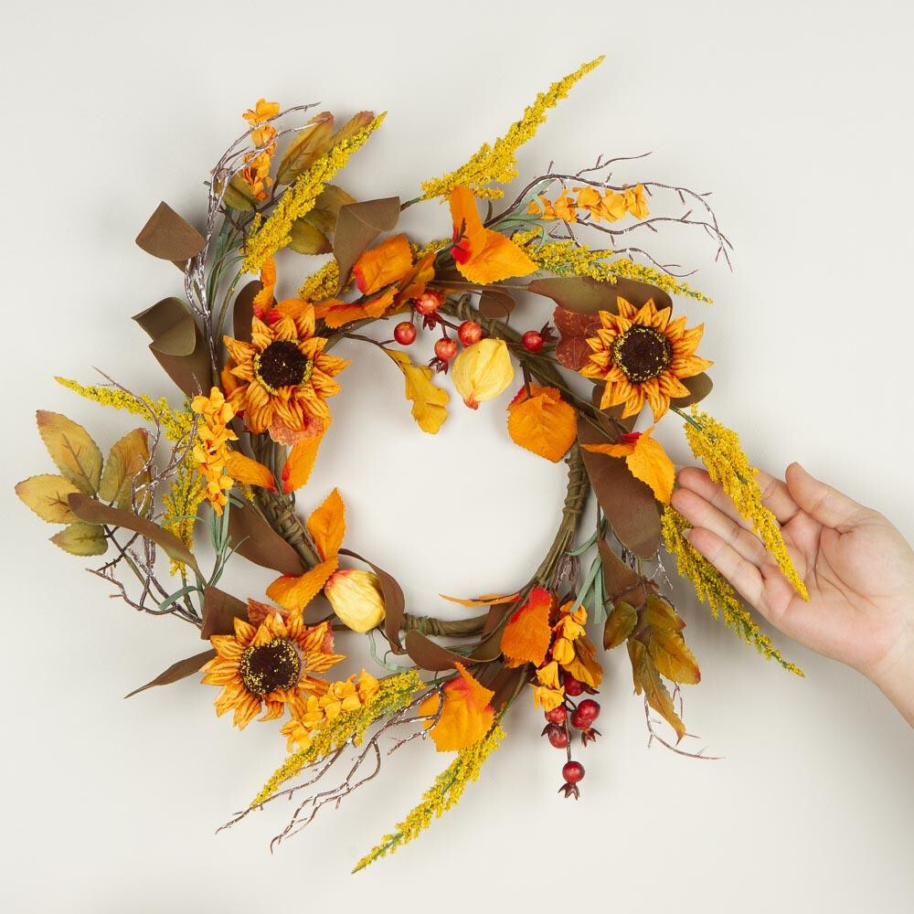 Set of 2 Artificial Sunflower & Chinese Lantern 17″ Candle Rings / Small Wreaths