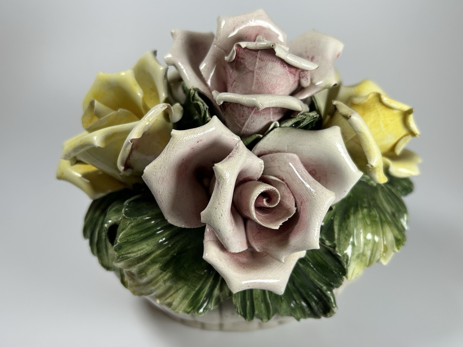 Porcelain Flower Centerpiece Capodimonte Italy Pink Yellow Roses 6.5” Long
