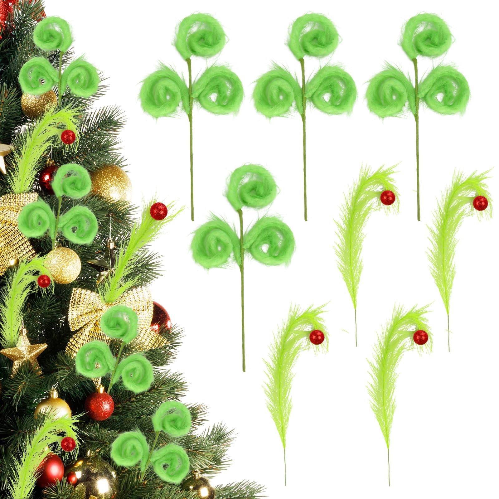 8 PCS 17 Inch Christmas Tree Topper Lime Green Furry Picks Red Ball Wreath