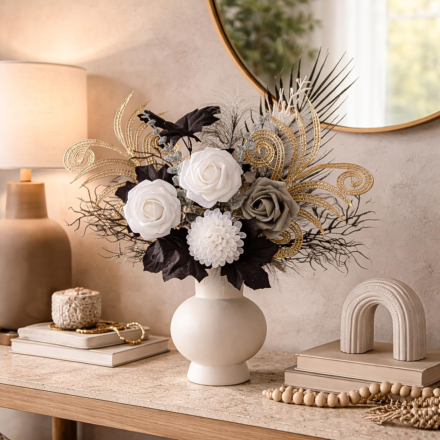 14 PCS 17 Inch Artificial Silk Rose Flower Bouquet Black Gold Gothic Decor