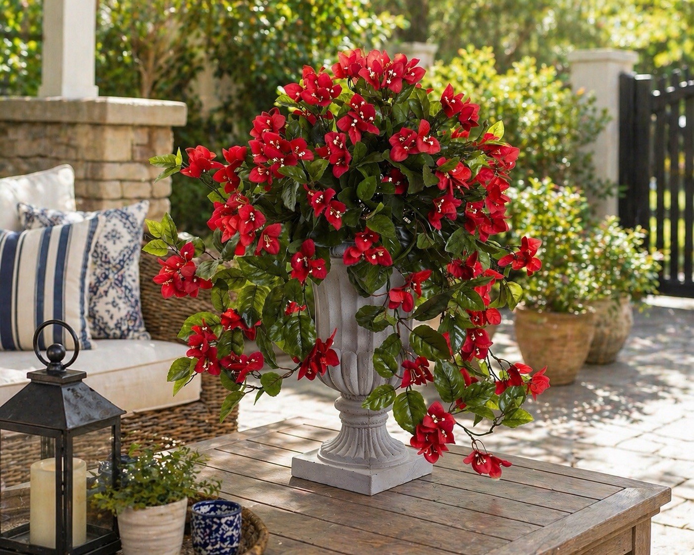Artificial Bougainvillea Arrangement in Urn Vase, Red/Green Floral Decor