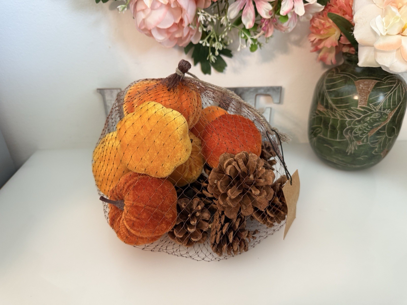 Fall 16 Pcs Velvet Pumpkin and Pinecones Net Bag Decoration Set Assort Sizes New