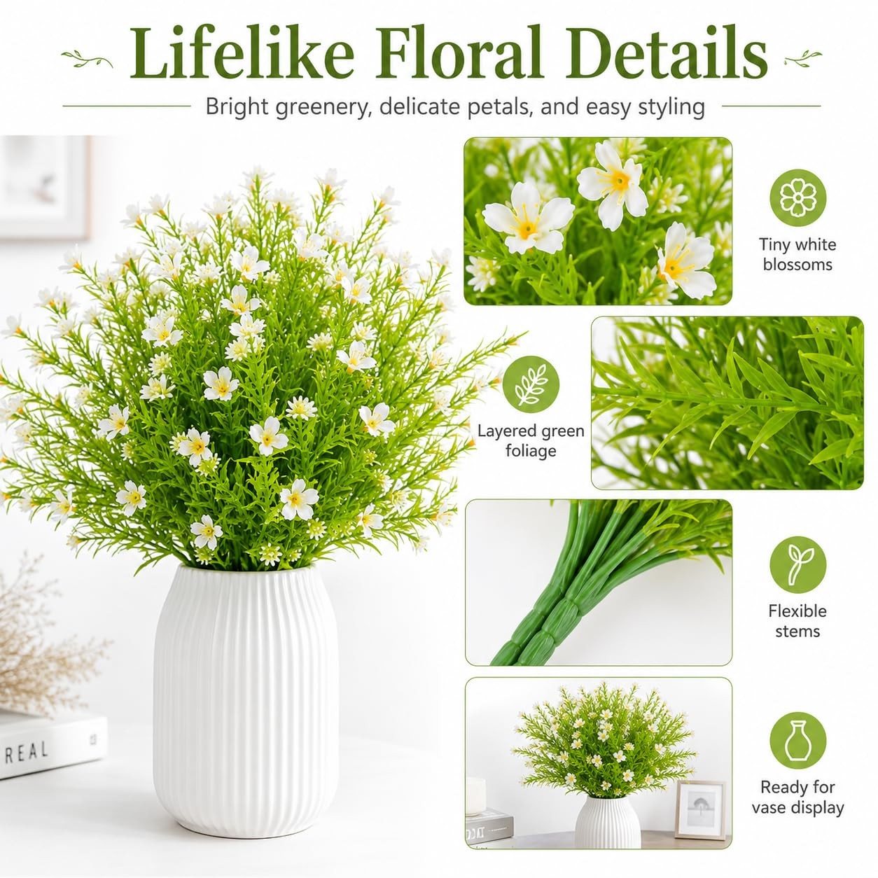 White Artificial Flowers – 3PCS Fake Flowers Daisy Decor Faux Plastic Flowers…