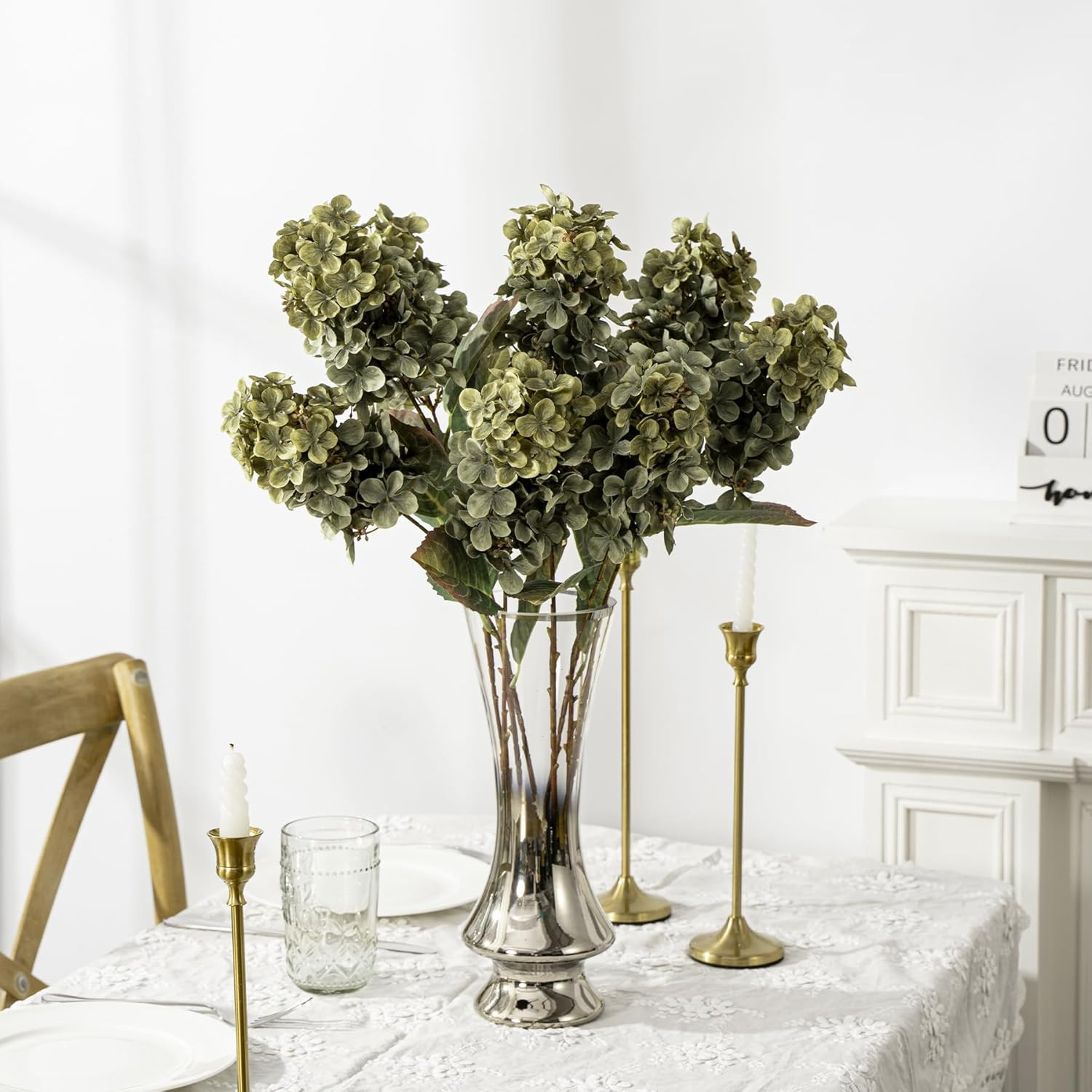 Green Silk Hydrangea Flowers – 8 Pcs Faux Fall Bouquet for Home Decor