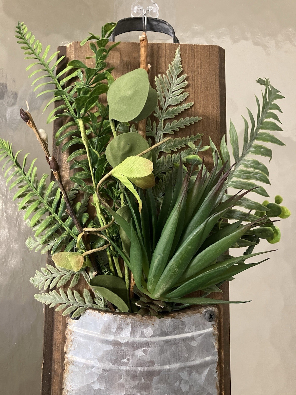 Artificial Succulent Fern Wall Planter Rustic Wood & Galvanized Metal 16×5.5”