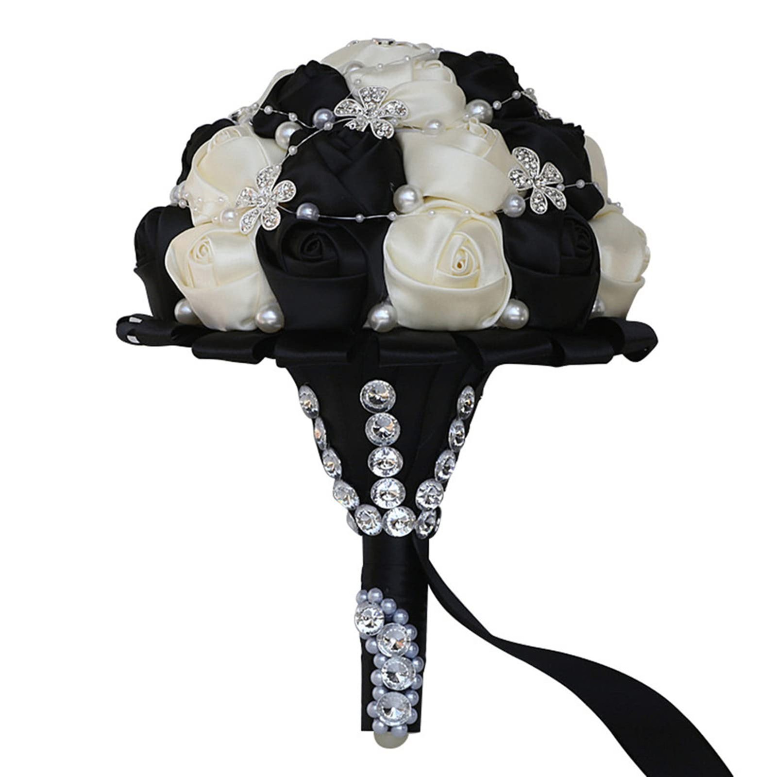 Black Ivory Bridal Wedding Bouquet Satin Rose Rhinestone Pearls Quinceanera