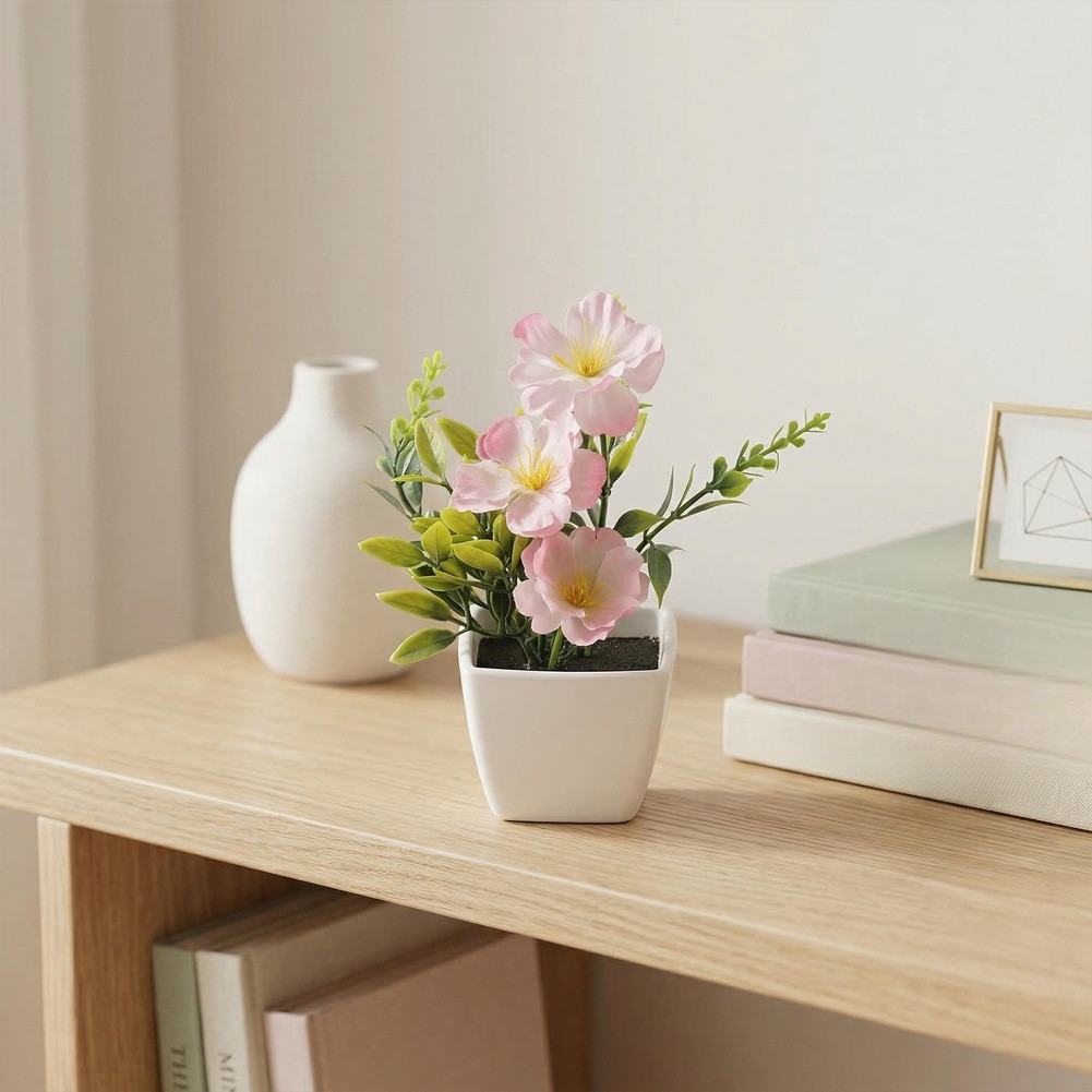 Potted Fake Featuring Peach Blossoms for Indoor Table Shelf Decor Pink