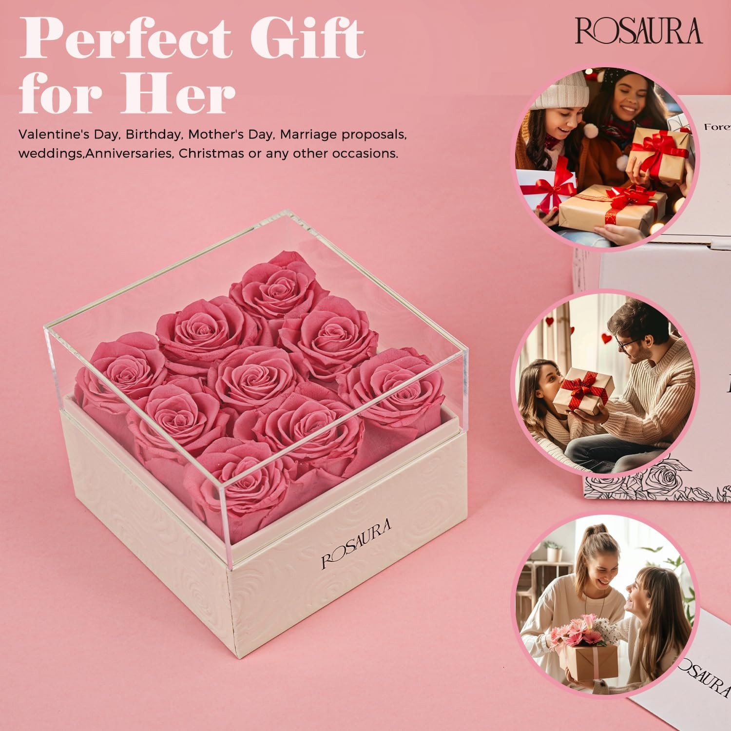 Square Preserved Roses Gift Box – Real Forever Flowers in Clear Acrylic Lid V…