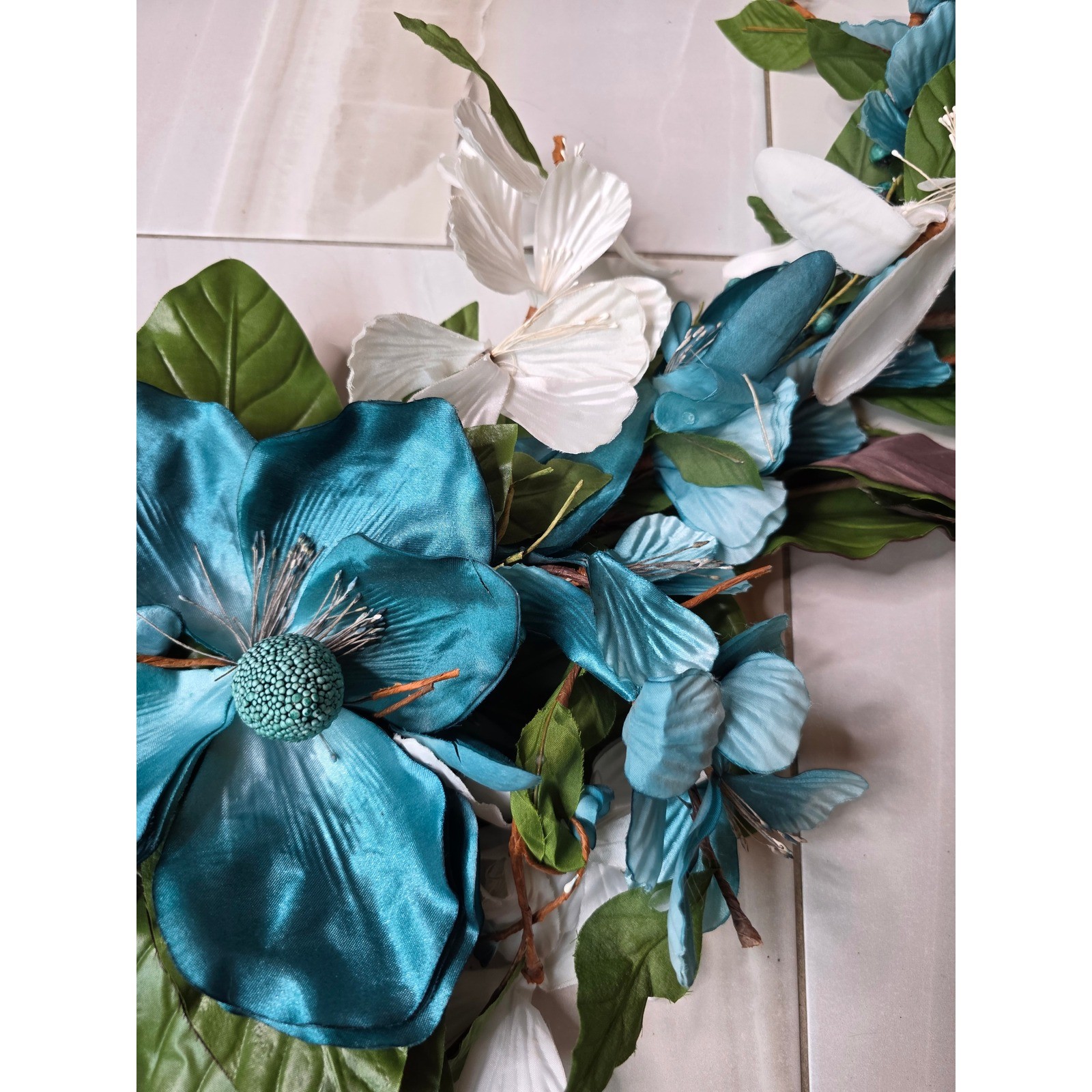 Large Teal & White Floral Wall Decor Metal Flower Wall Art 37″ Wide