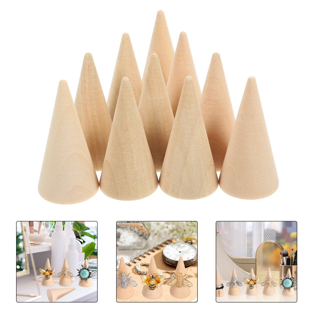 10Pcs DIY Craft Cones Wooden Beige Unpainted Ornament Ring Holder Stand