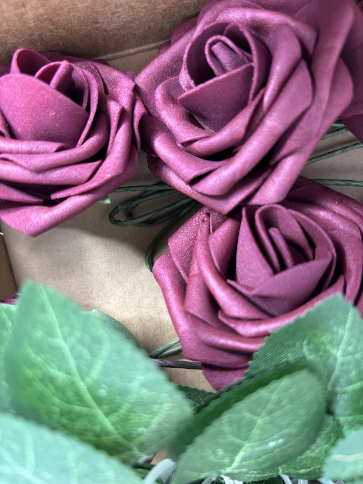 Artificial Flowers Real Look Burgundy Foam Roses 16 stems & 7 Greenery