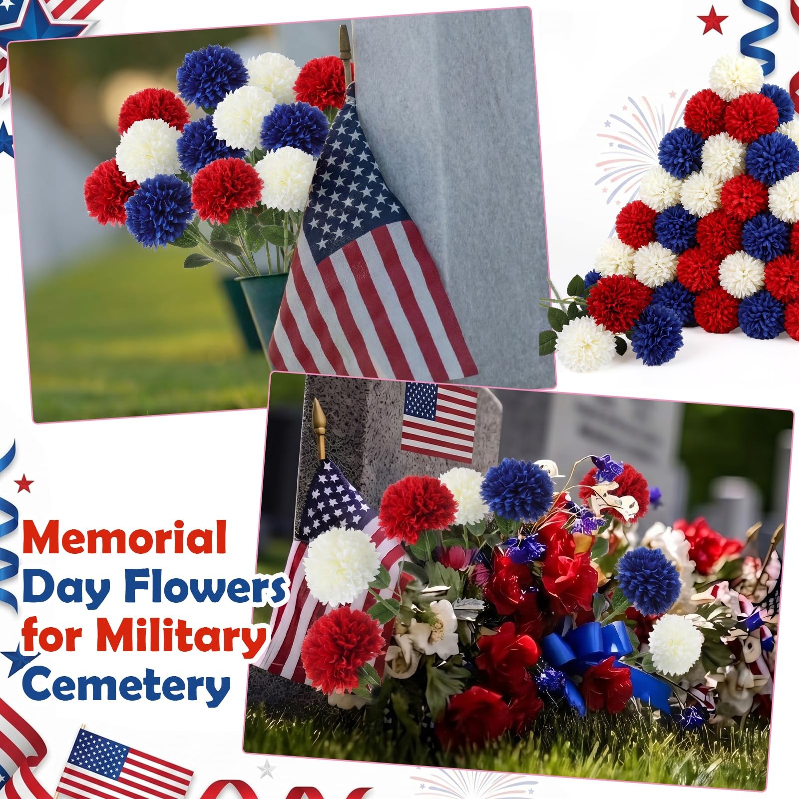 36 PCS 4th Of July Artificial Chrysanthemum Flowers 3.3 Inch Red White Blue