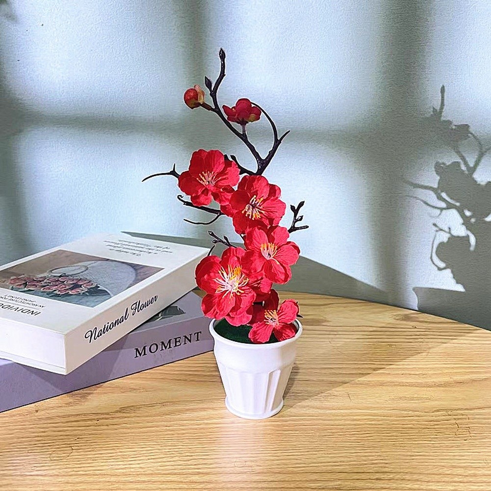 Realistic Artificial Plum Blossom in Pot for Living Room Bedroom For Desk