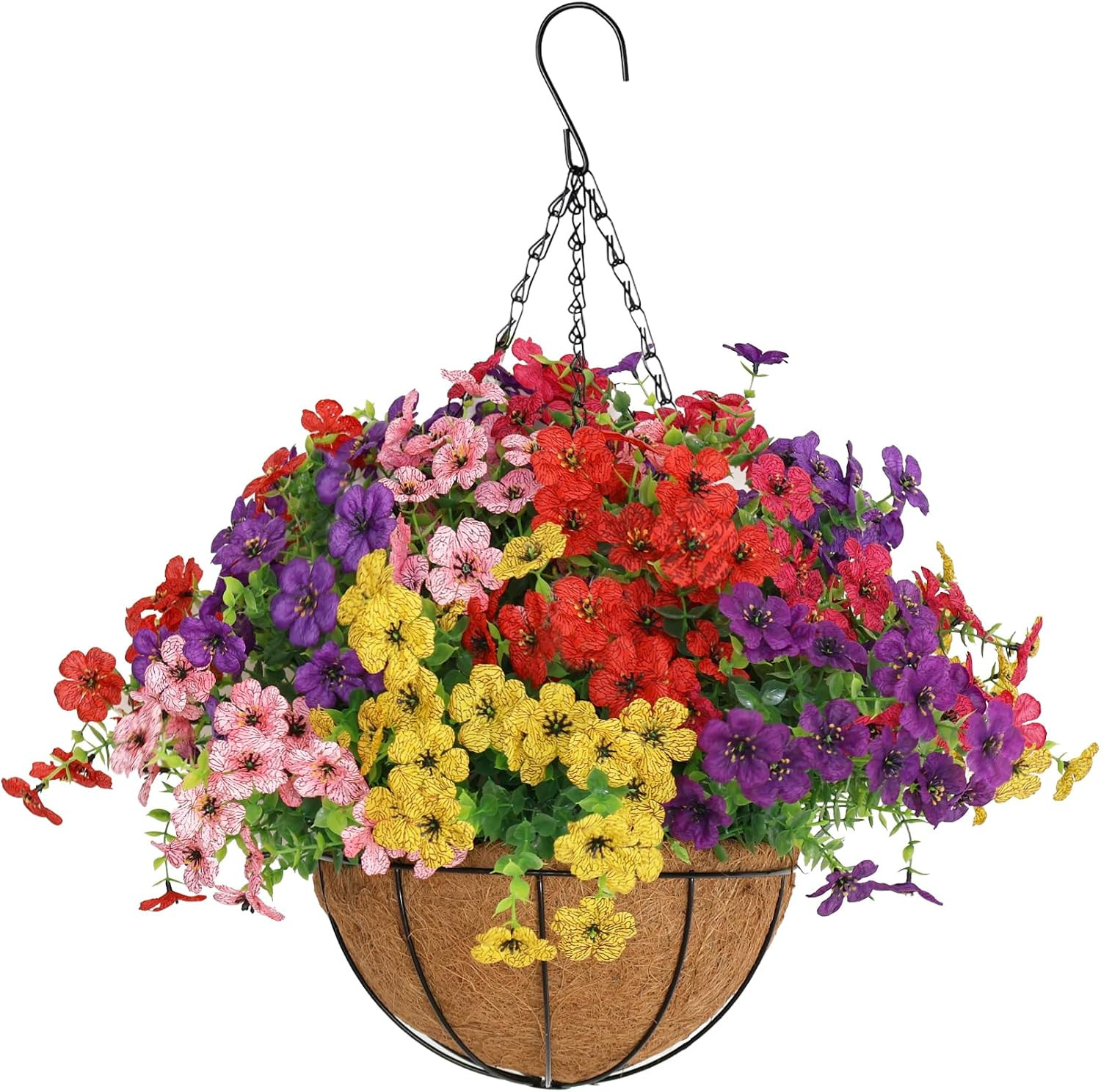 2 Set Artificial Hanging Flowers with Basket for Outdoor Decor, UV Resistant 24