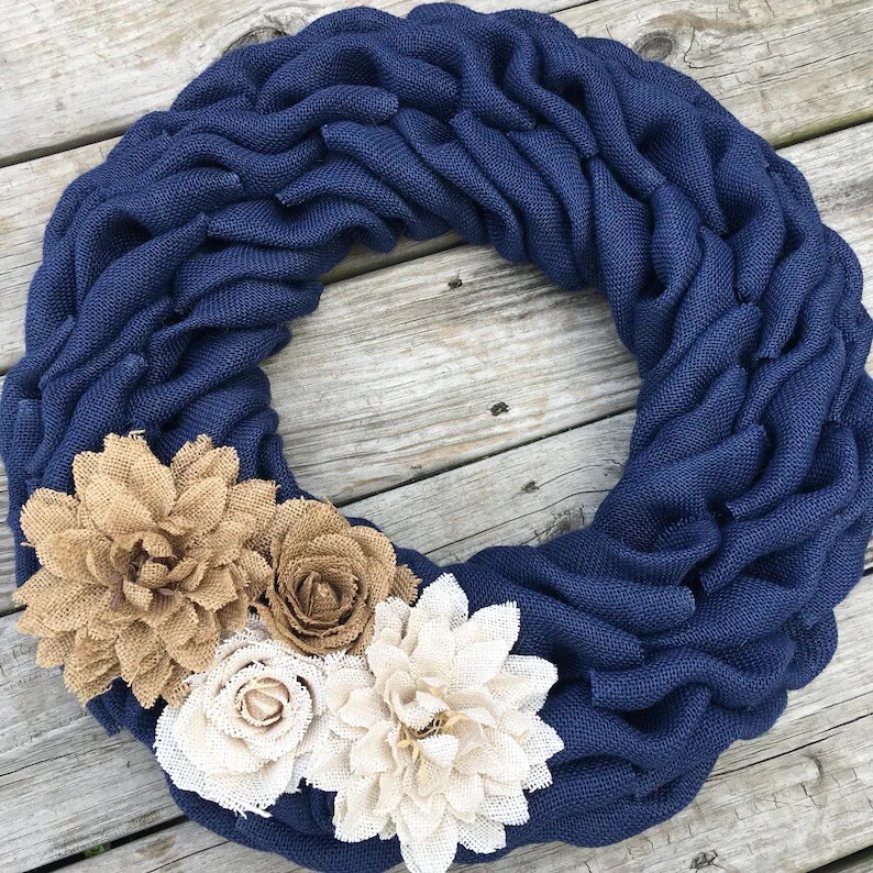 14″ Navy Blue Farmhouse Burlap Wreath HANDMADE