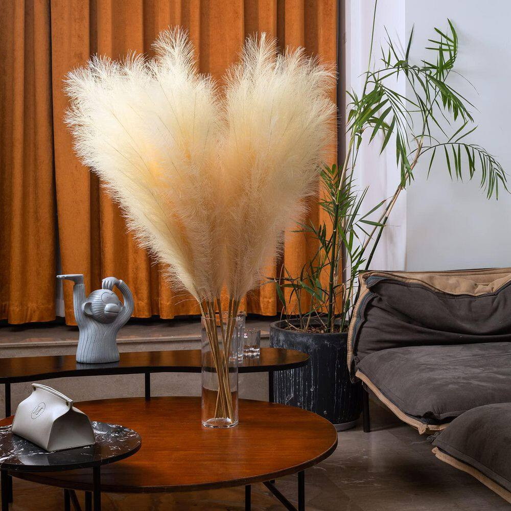 4 in Beige Artificial Plant Faux Pampas Grass 6 Piece Minimalist Elegant Boho Fl