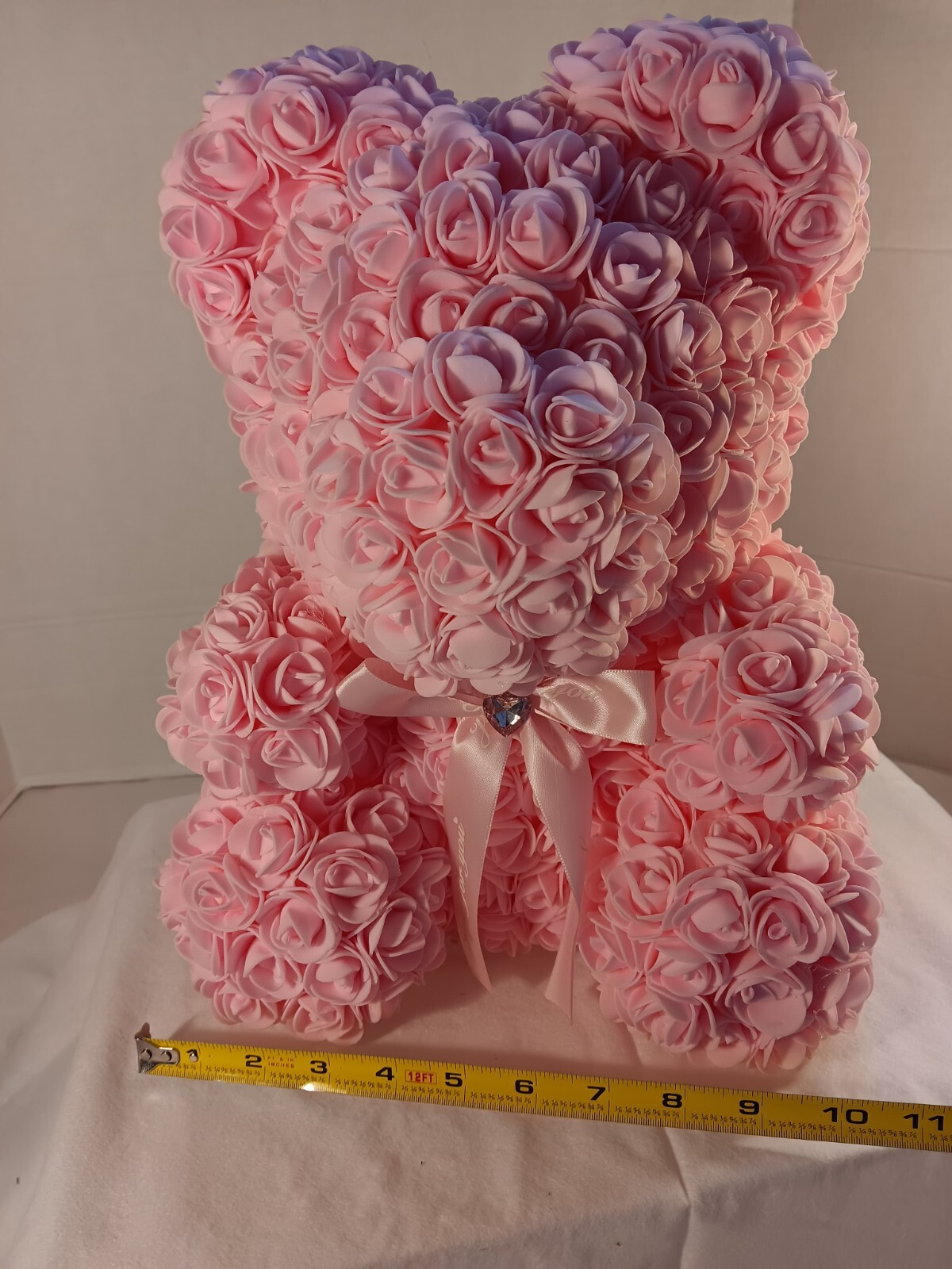 Pink Rose Teddy Bear – Artificial Foam Flower Bear with Bow – 11″ Romantic Gift