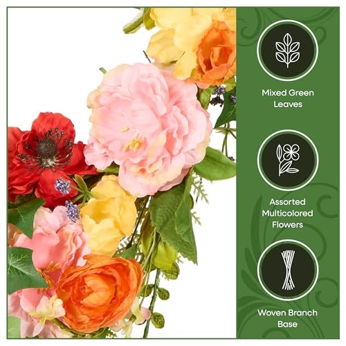 Spring & Summer Wreath 22 Inch with Mixed Flowers for Front Door Branch Wreath