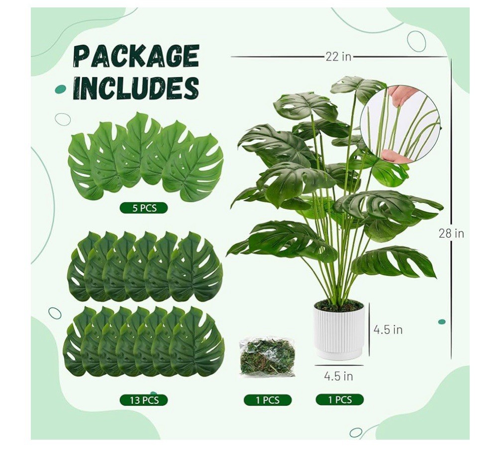 Der Rose 28″ Artificial Monstera Plant, Large Faux Potted Tree for Indoor Decor