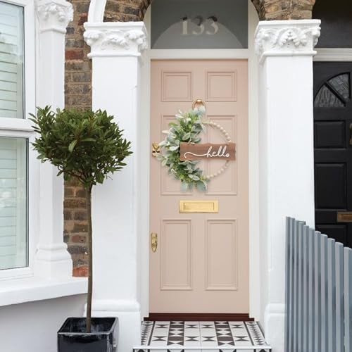 Green Wreath for Front Door, Wood Bead Wreaths with Artificial Lambs Ears