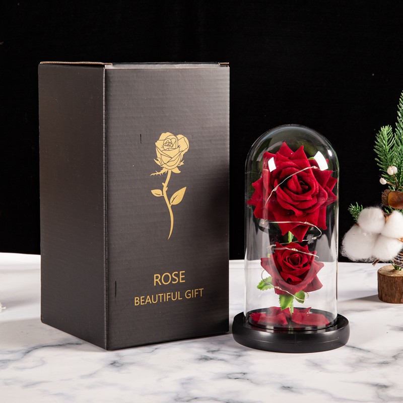 Christmas Valentine’s Day Birthday Gift Two Roses Glass Cover Ornament LED Light