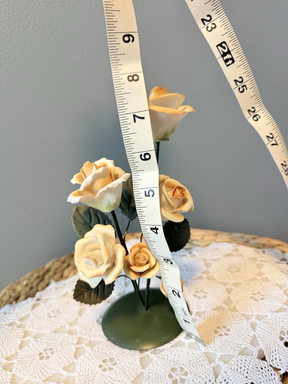 Porcelain Rose Flower Arrangement Metal Base 10” Peach Floral Home Decor