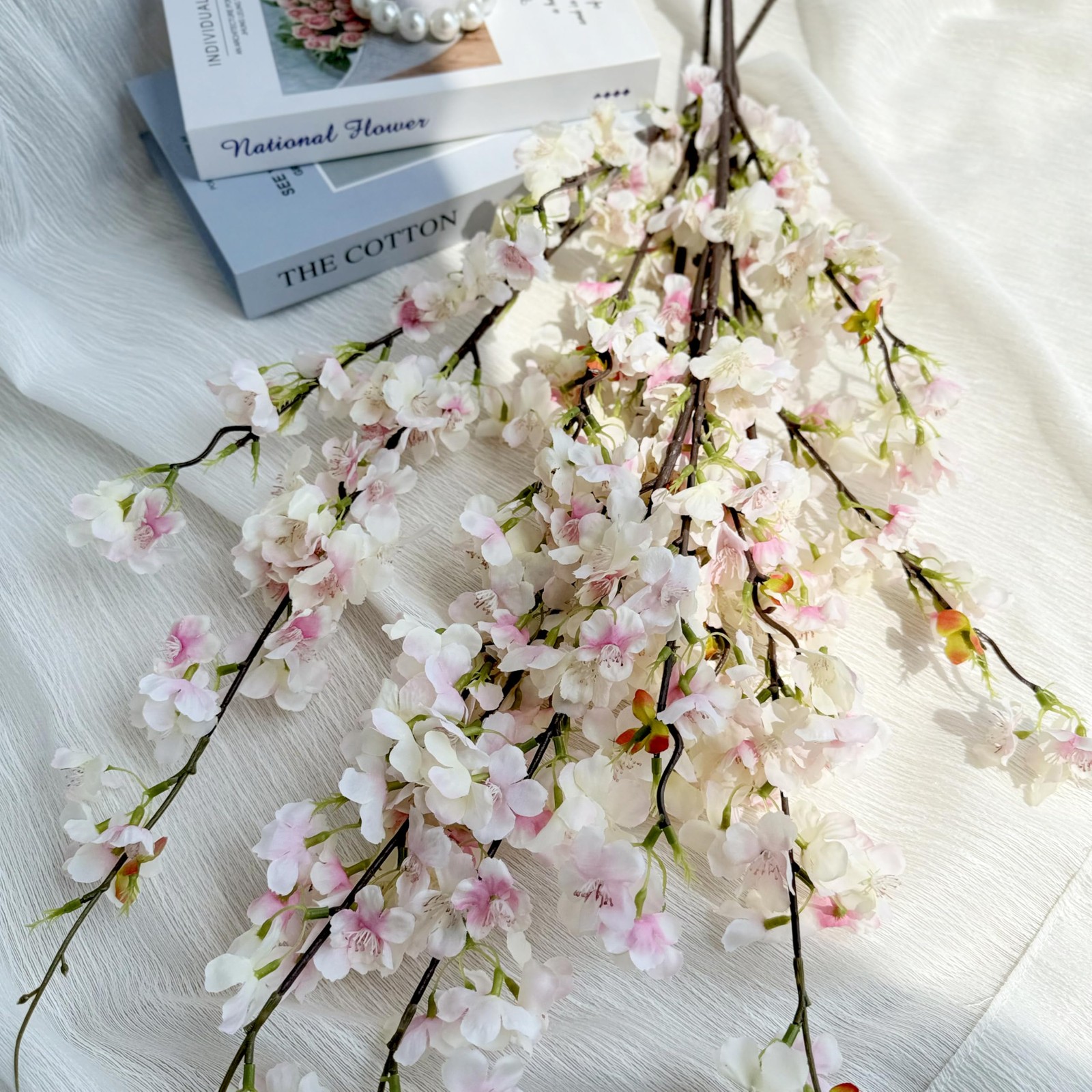 Artificial Cherry Blossom Flowers (4pcs, Light Pink), Real Touch Silk Bouquet…