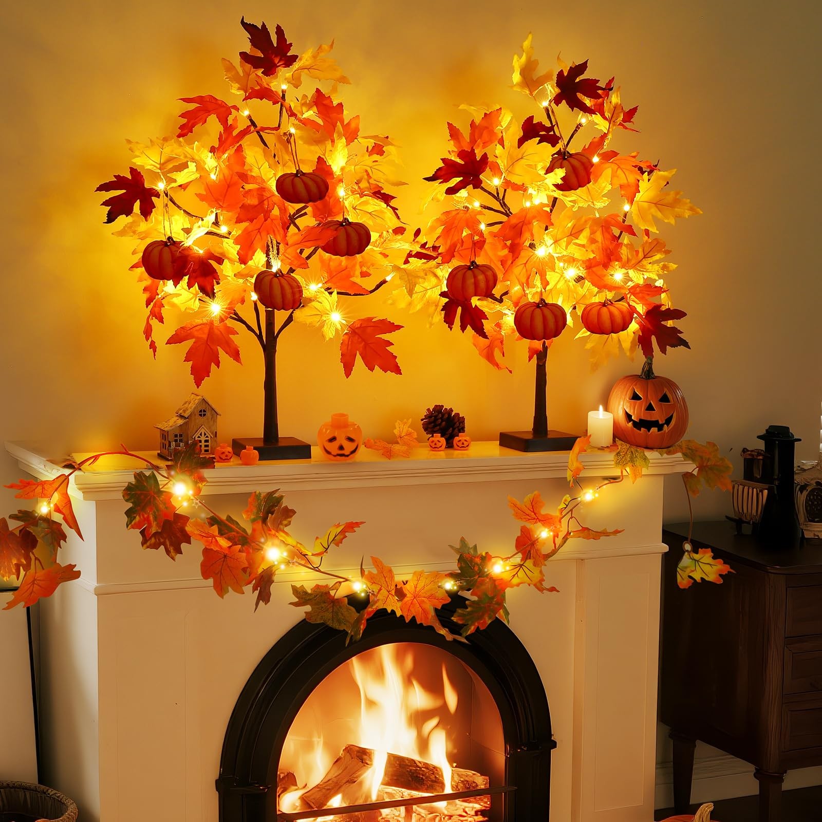 2 PCS 24 Inch Fall Maple Tree 48 LED Battery Lights 8 Pumpkin Ornaments