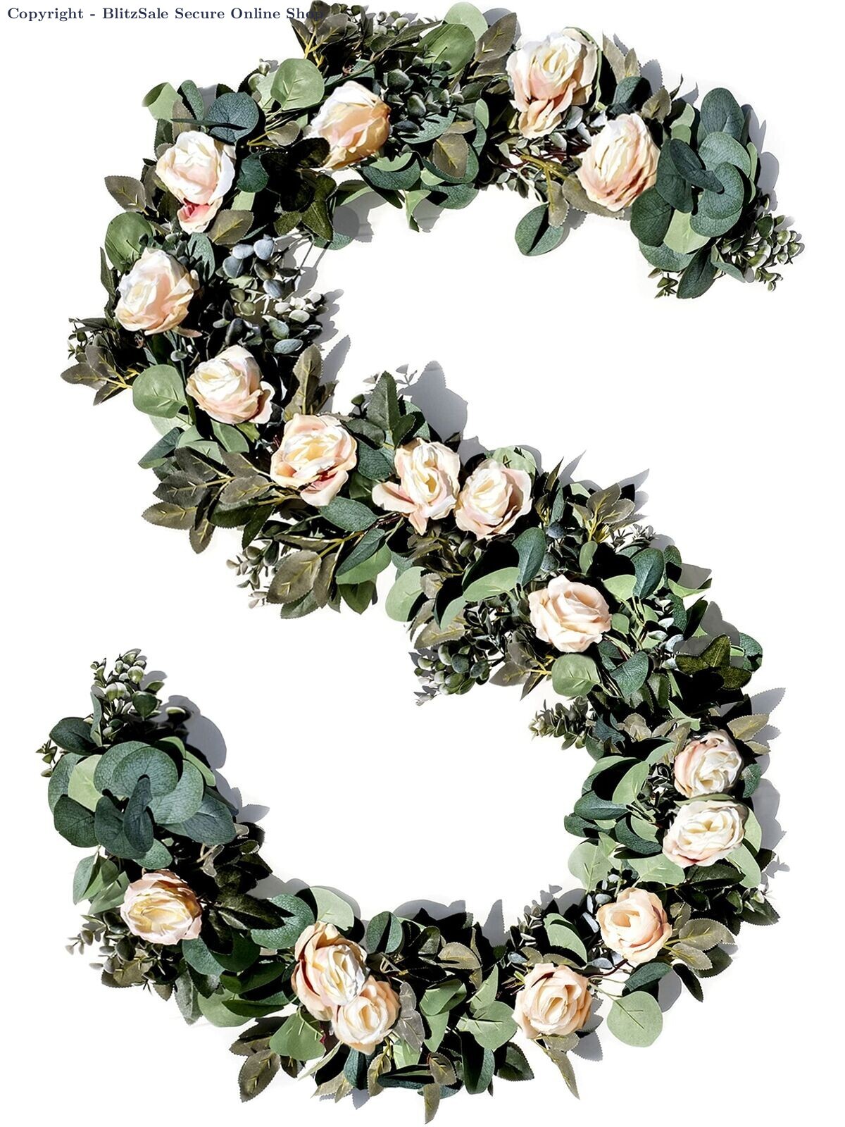 6 Pack Artificial Eucalyptus Garland with 17 Ivory Cream Roses – Wedding Floral