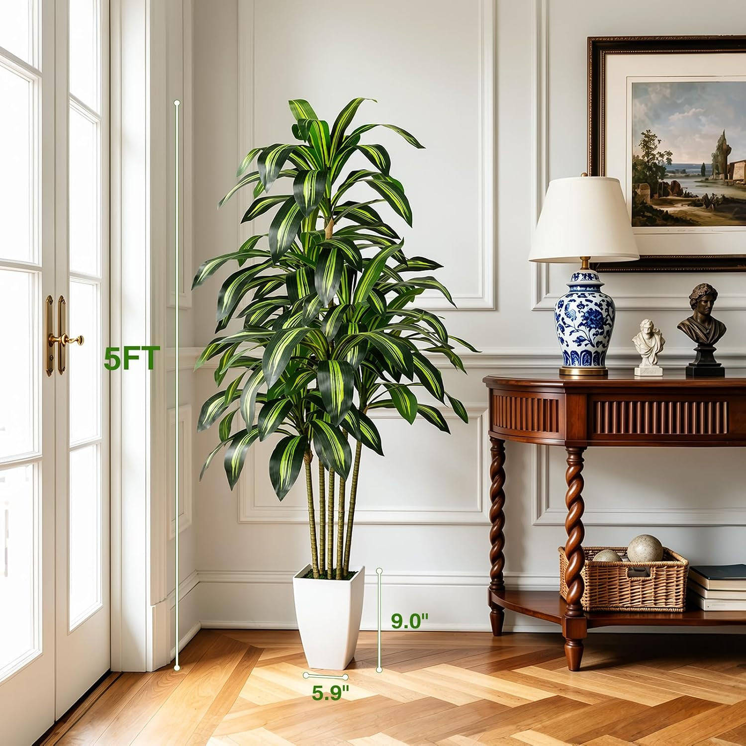 5FT Artificial Dracaena Tree – Tall Faux Dracaena with White Planter, Artificial