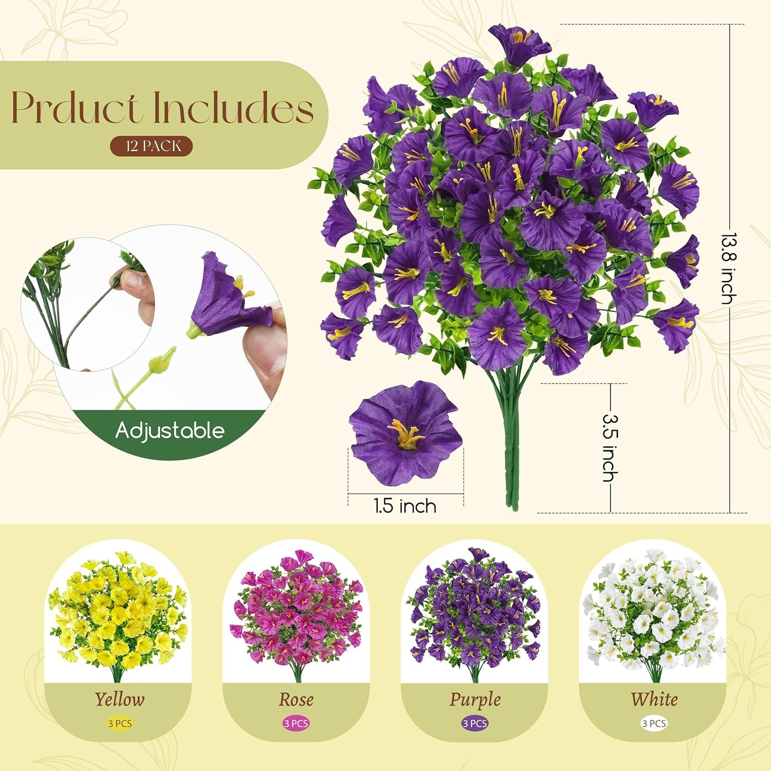 12 Bundles Artificial Petunias Flowers for Outdoors UV Resistant Spring