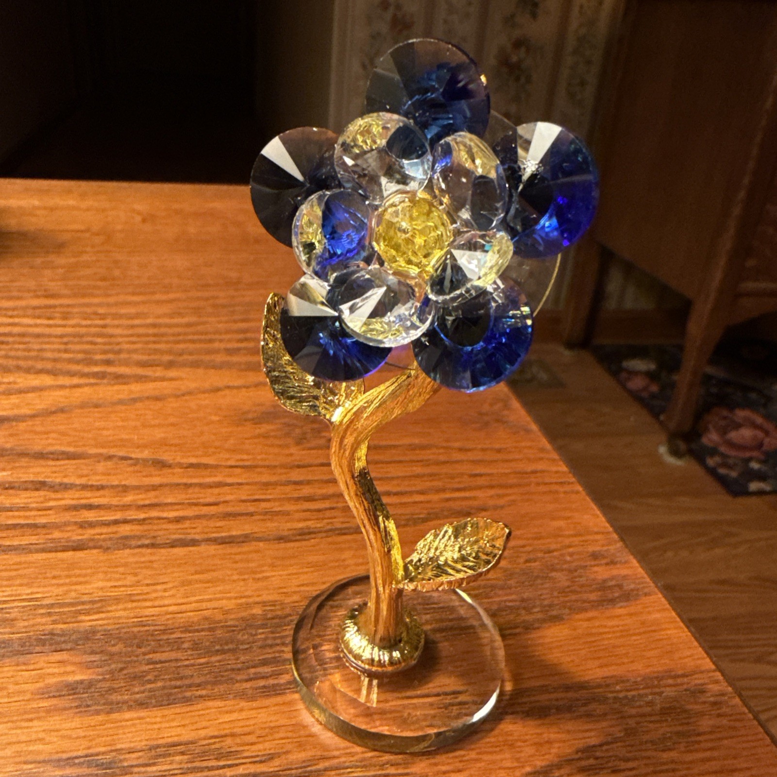 Unique Blue Crystal Plum Blossom Flower With Gold Leaves Figurine