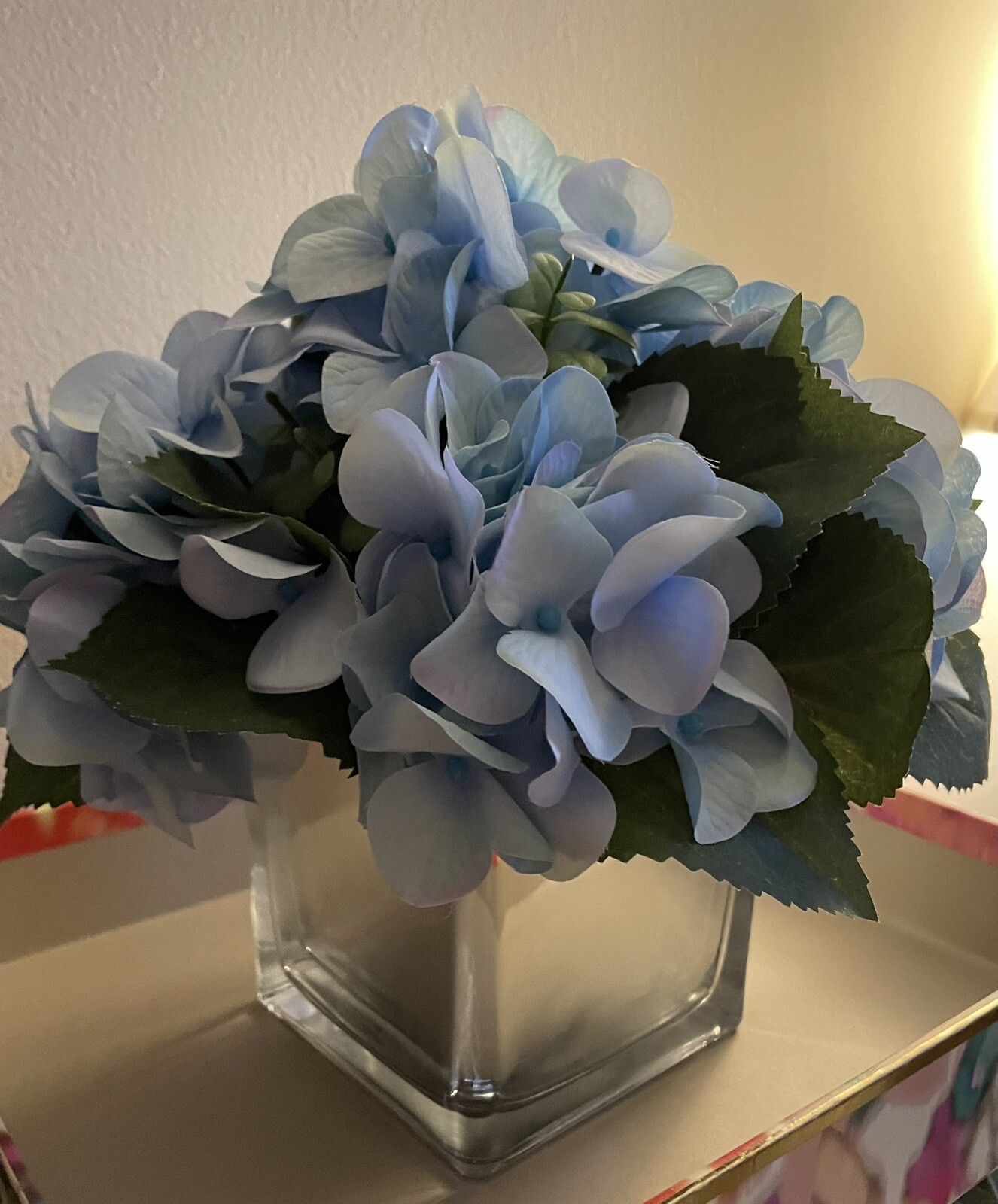 NWOT 10” Faux Blue Hydrangea Arrangement in Silver Mercury Glass Vase Lovely!