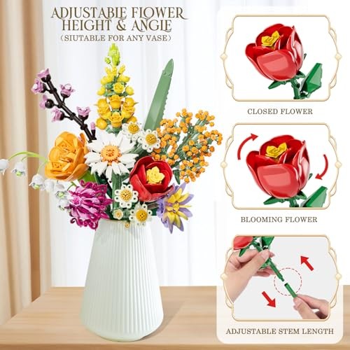 Flowers Bouquet Building Set, 1070PCS Artificial Plant Flower Kit Toy Color1