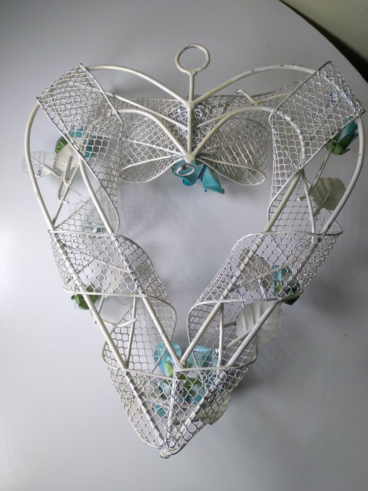 Antique Handmade Metal Wire Heart Shaped Wreath w/ Roses & Bow Wall Decor RARE