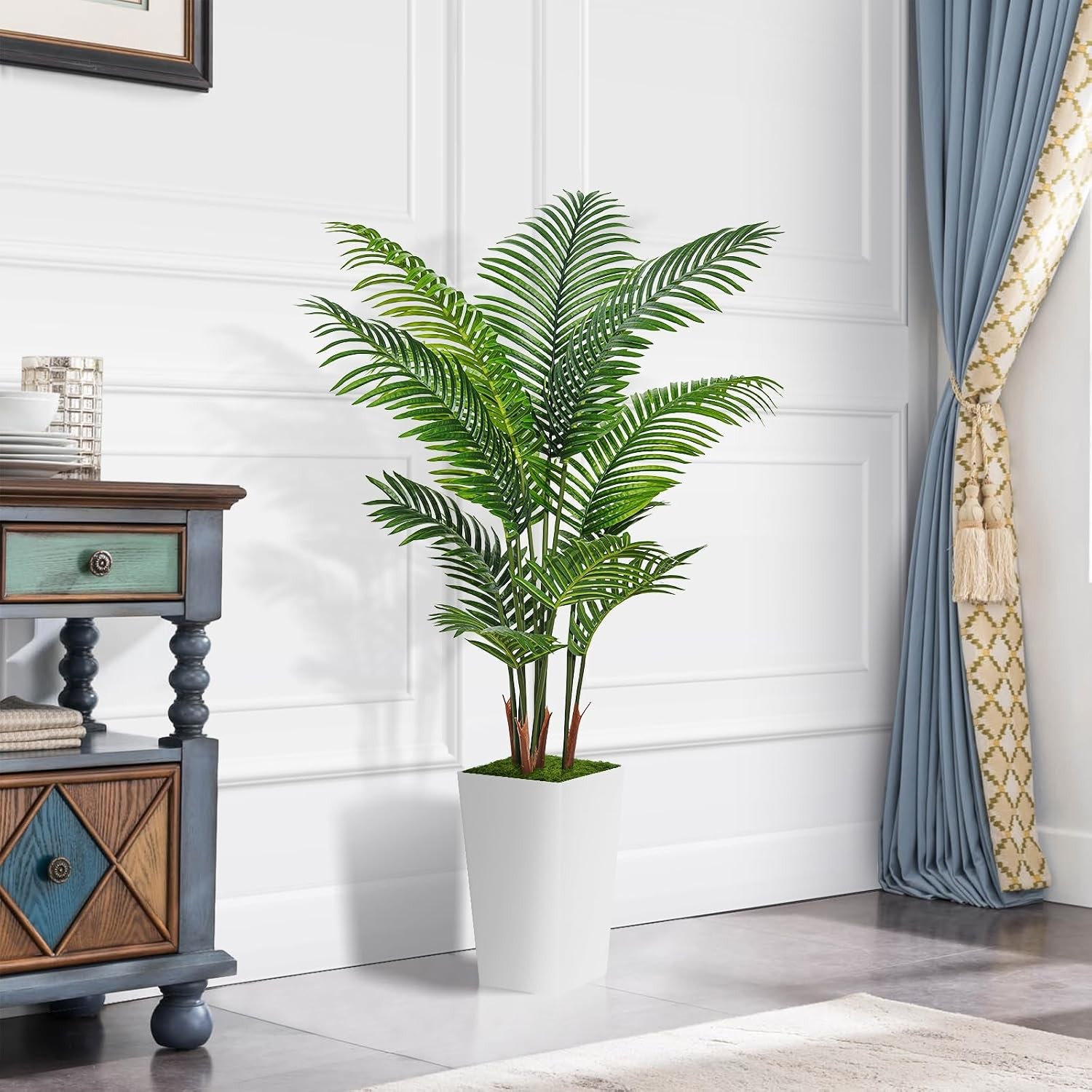 Artificial Palm Tree 5FT – Fake Tree with White Tall Planter – Faux Tropical Are