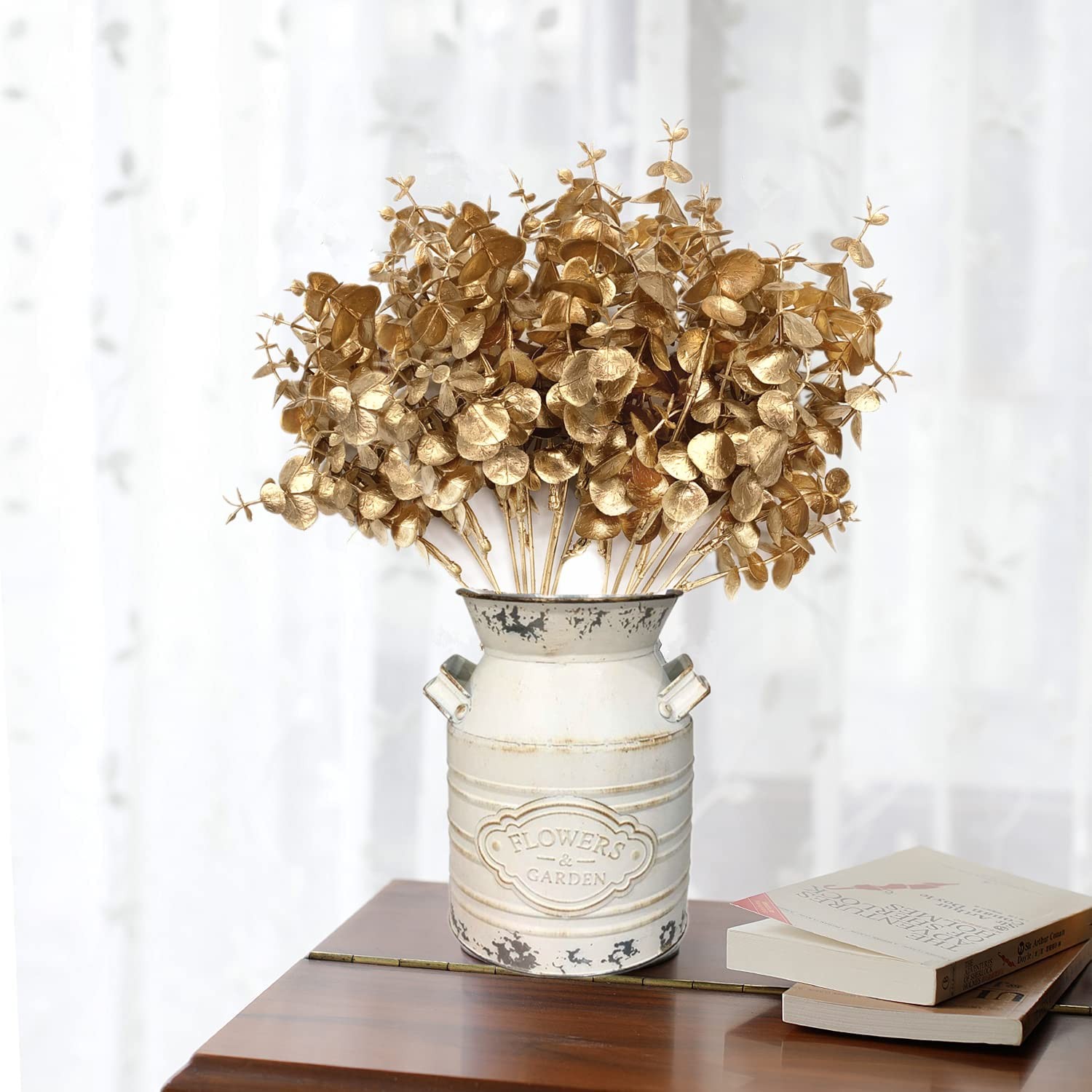 2 PCS Artificial Gold Plants Decorations Fake Golden Eucalyptus Shrubs Foliage