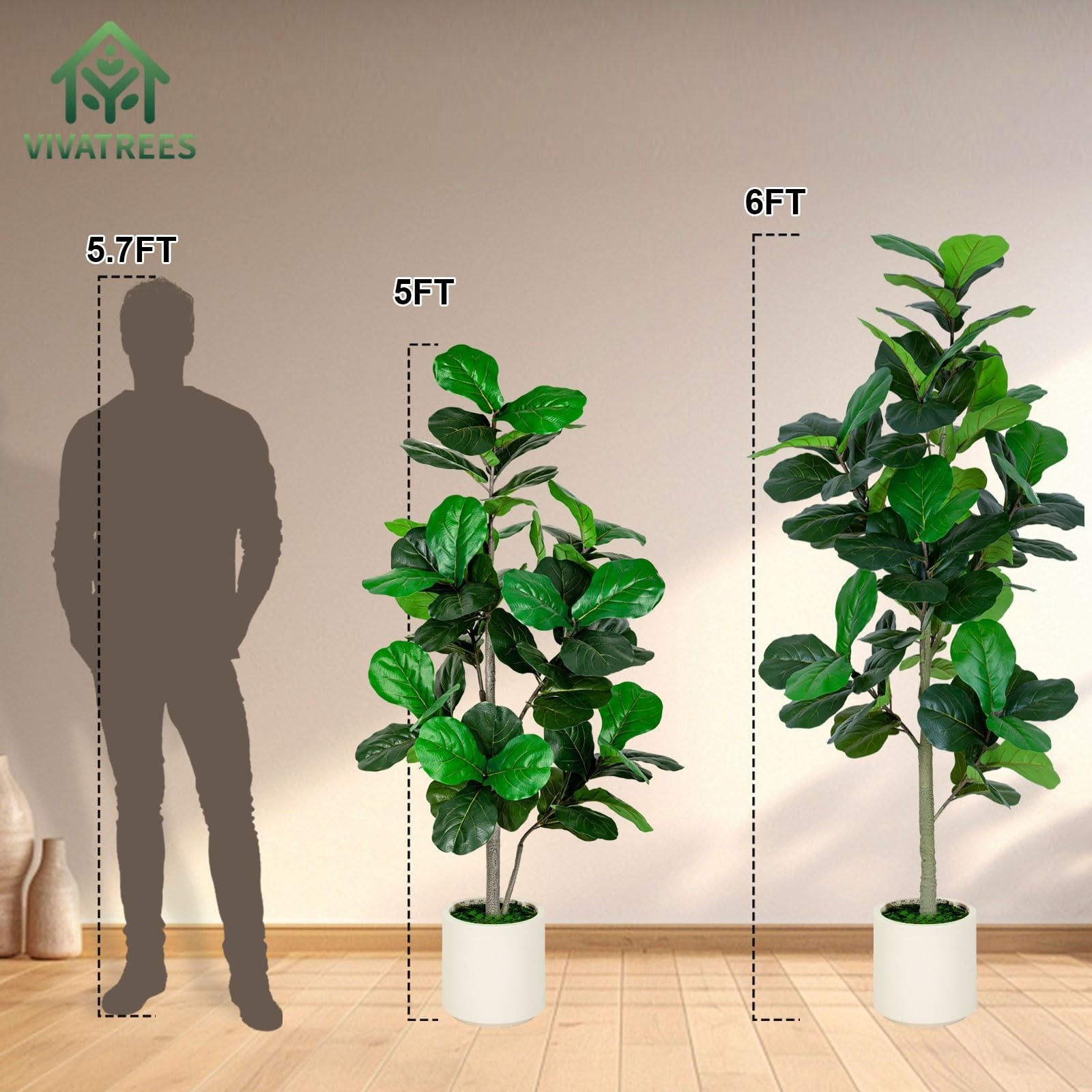 5FT Fiddle Leaf Fig Artificial Tree with White Planter Pot – Faux Floor Plant fo