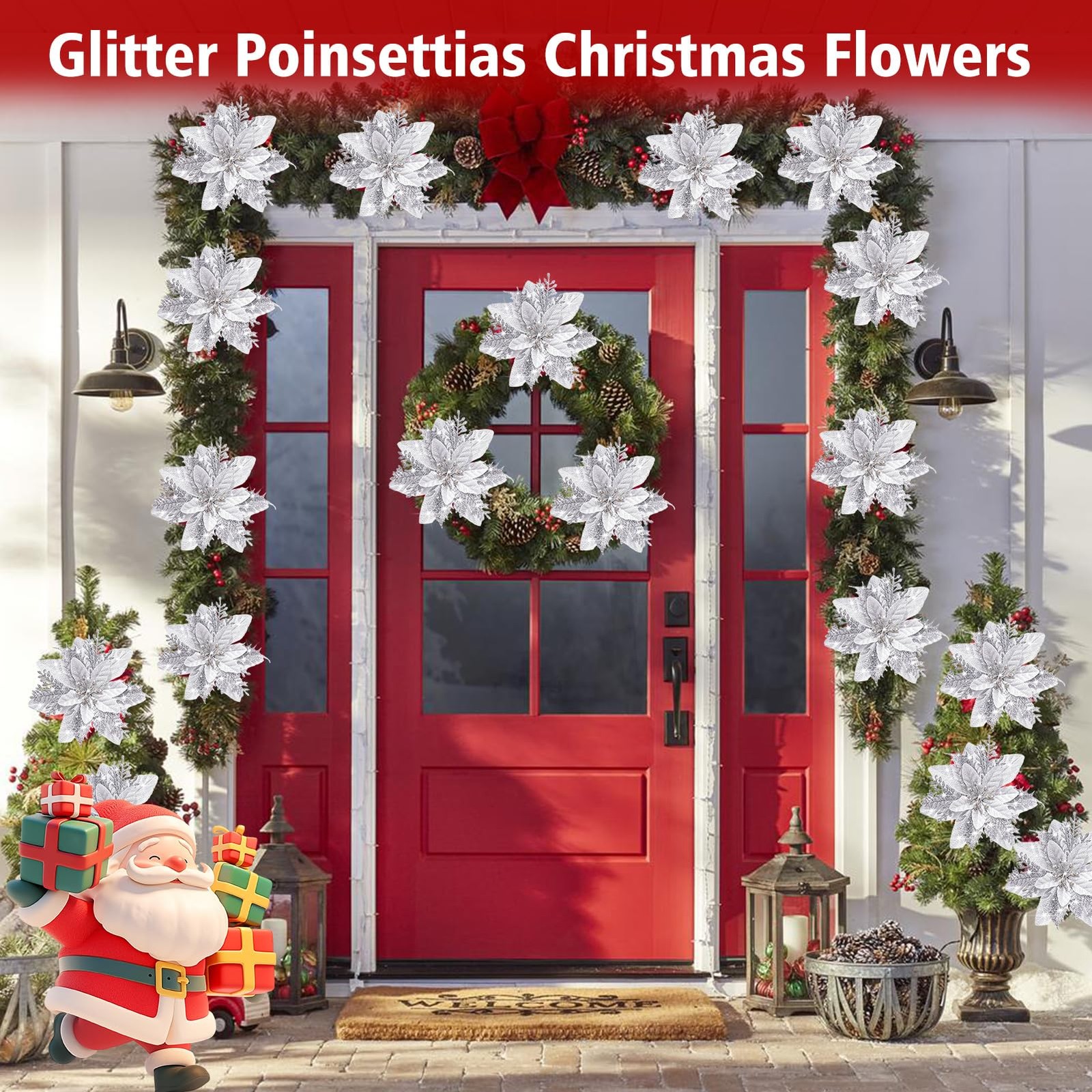 24 PCS Silver Christmas Artificial Poinsettia Flowers Glitter 5.9 Inch Clips
