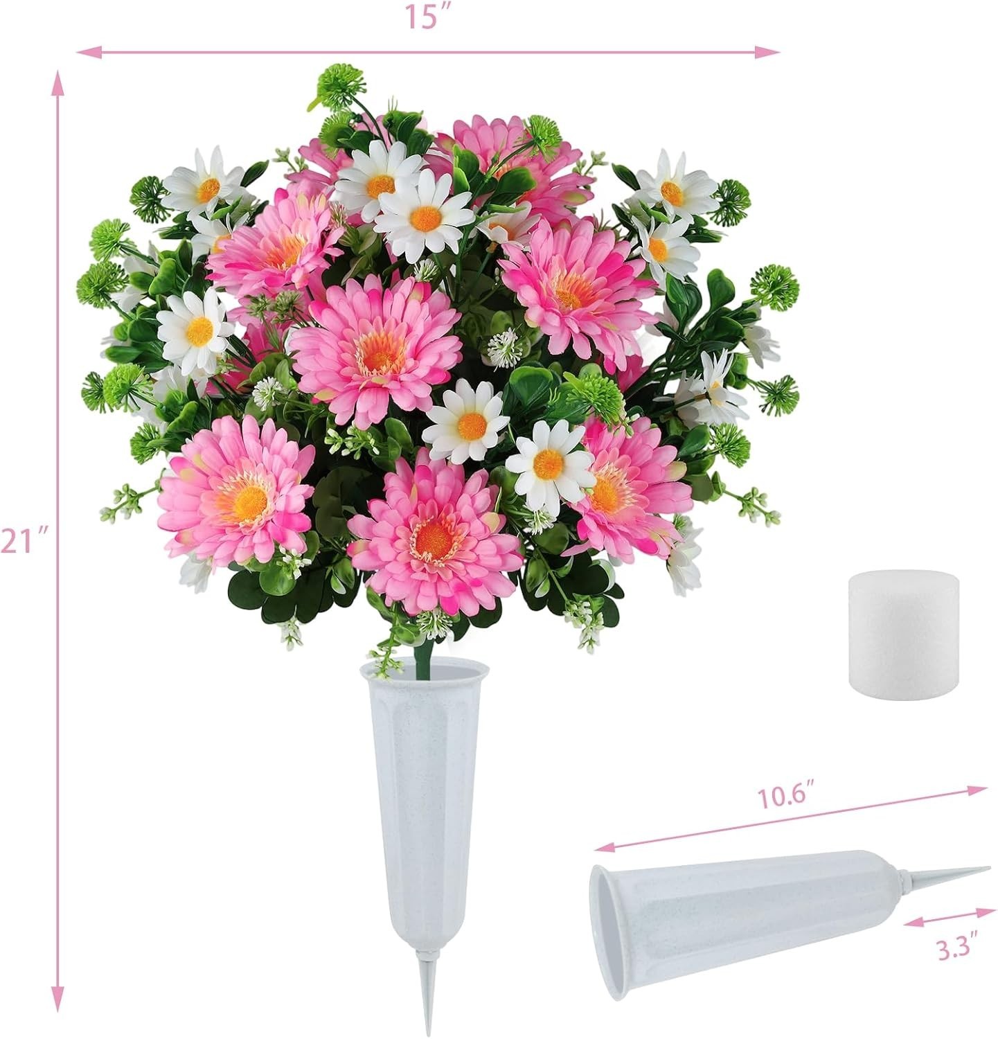 Artificial Cemetery Flowers for Grave with Vase, 24 Branches Daisy Fake Silk …