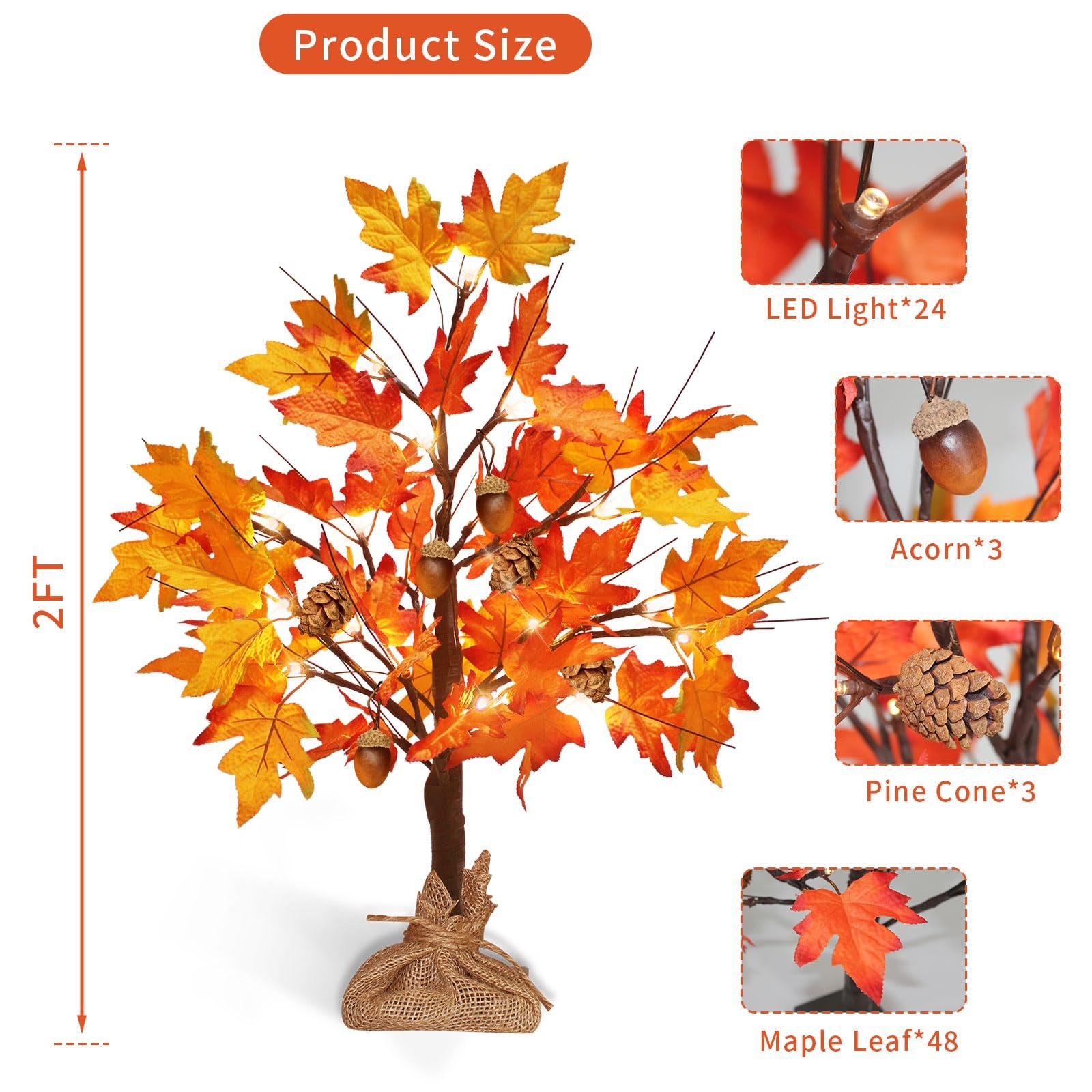 2FT 24 LED Fall Tree Lights USB/Battery Powered Lighted Maple 48 Leaves