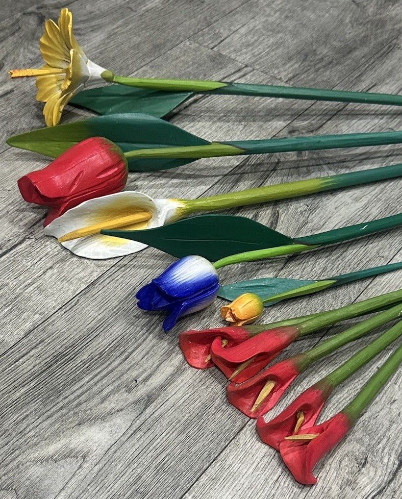 Wood Flowers Long Stem 9”- 31” floral arrangement Rose Tulip Lily Home Decor Lot