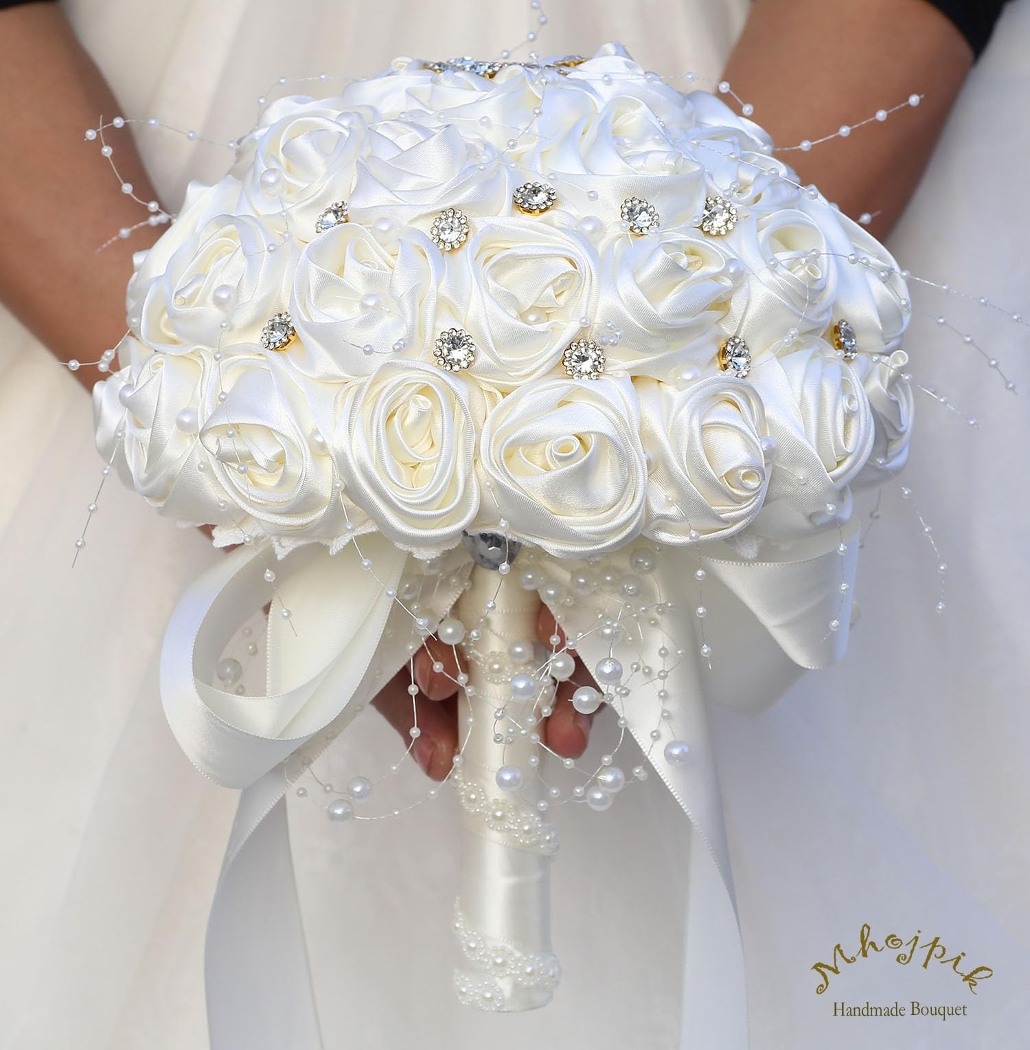 Bridal Wedding Bouquet Round Bling Brooch Toss Artificial Rose Ivory 6.3 Inch