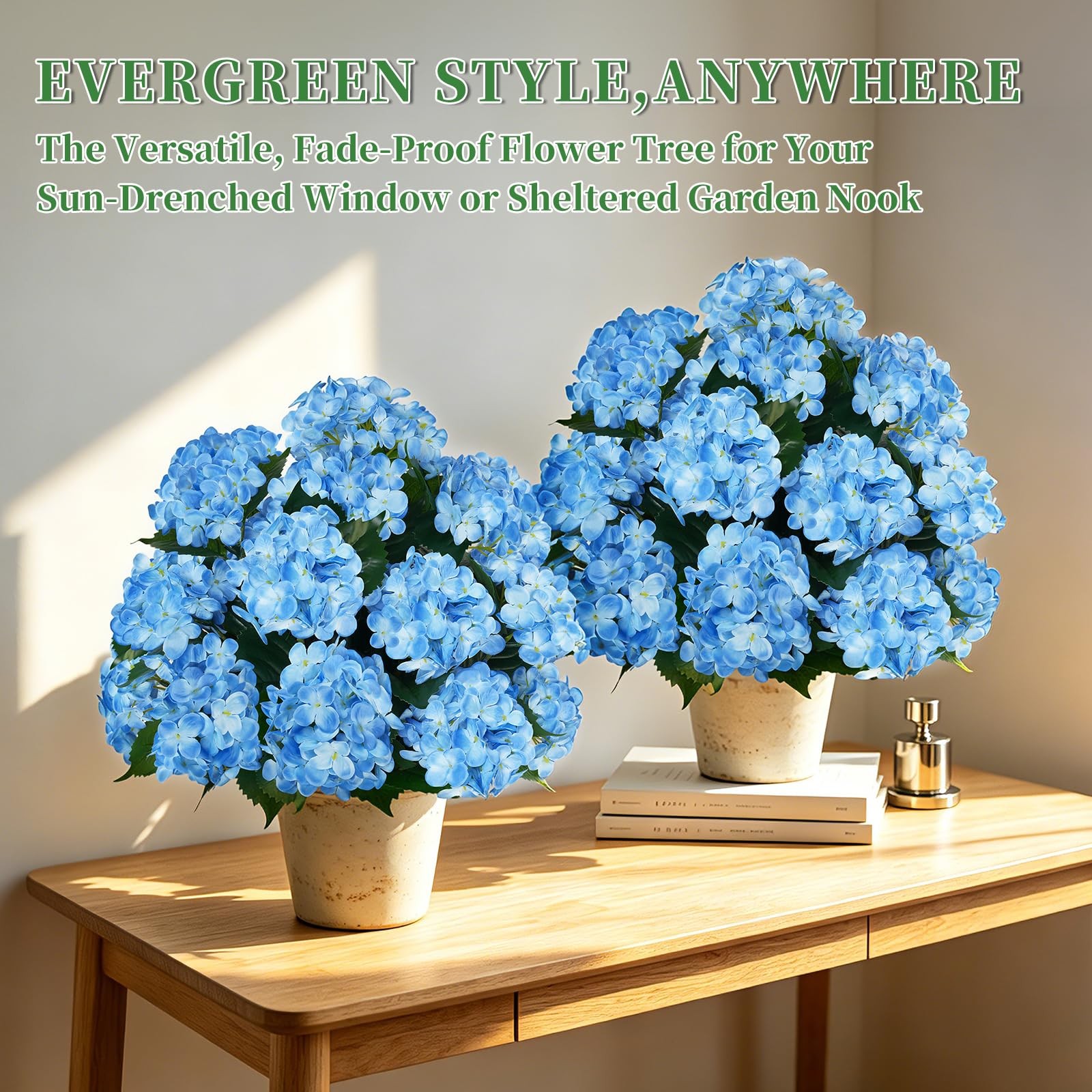 Artificial Topiary Ball Tree with Blue Hydrangea, Set of 2 UV Resistant Shrub…