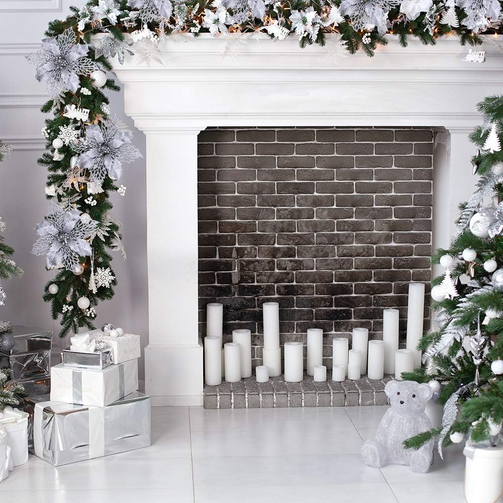 24 Pcs Christmas Silver Glittered Mesh Holly Leaf Artificial Poinsettia Flowers