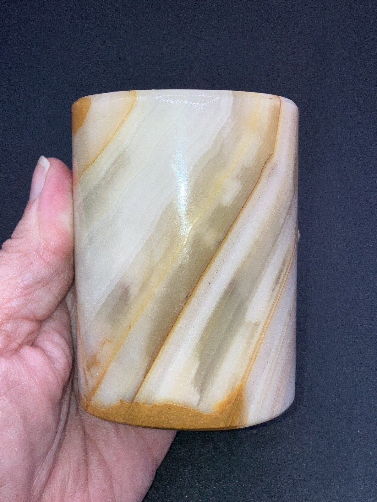 Vintage Variegated Earth Toned Onyx Marble 3.25″, 7 Hole Flower Frog Italy
