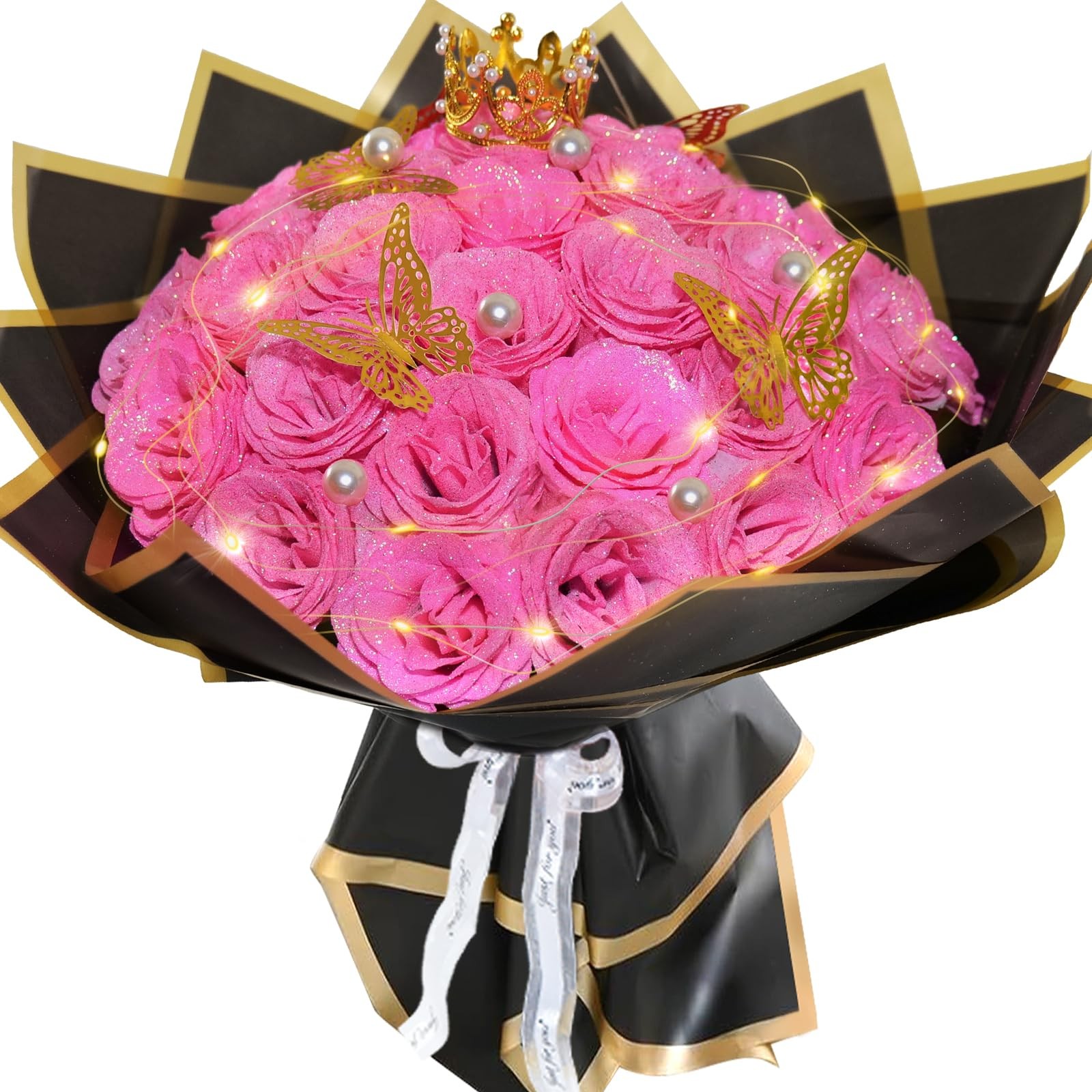 36 PCS Pink Glitter Roses Bouquet Shiny Everlasting DIY Artificial Flower
