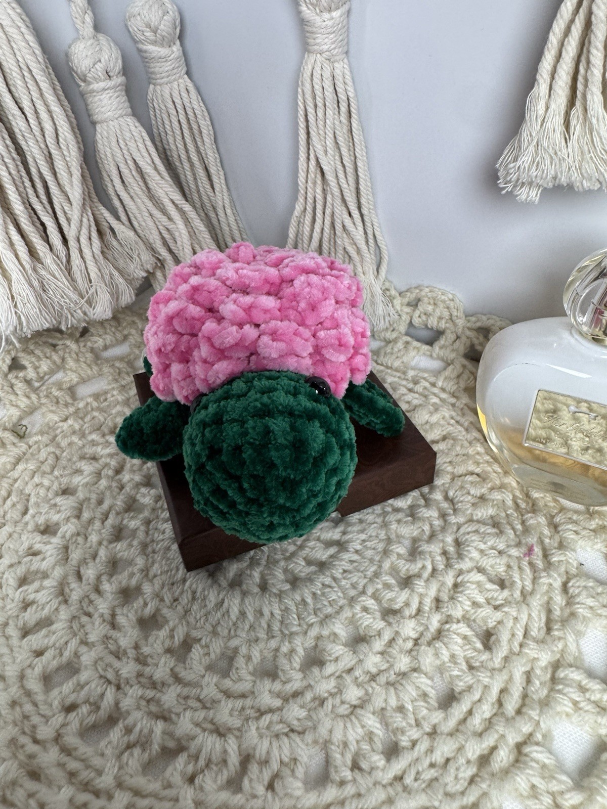 Hydrangea Yarn Flower Arrangement & Centerpiece, Pink Green on Brown Wooden Base